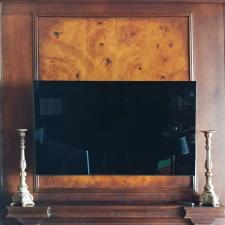 Faux burl and wood grained panels and mahogany wood grained walls new fireplace tv